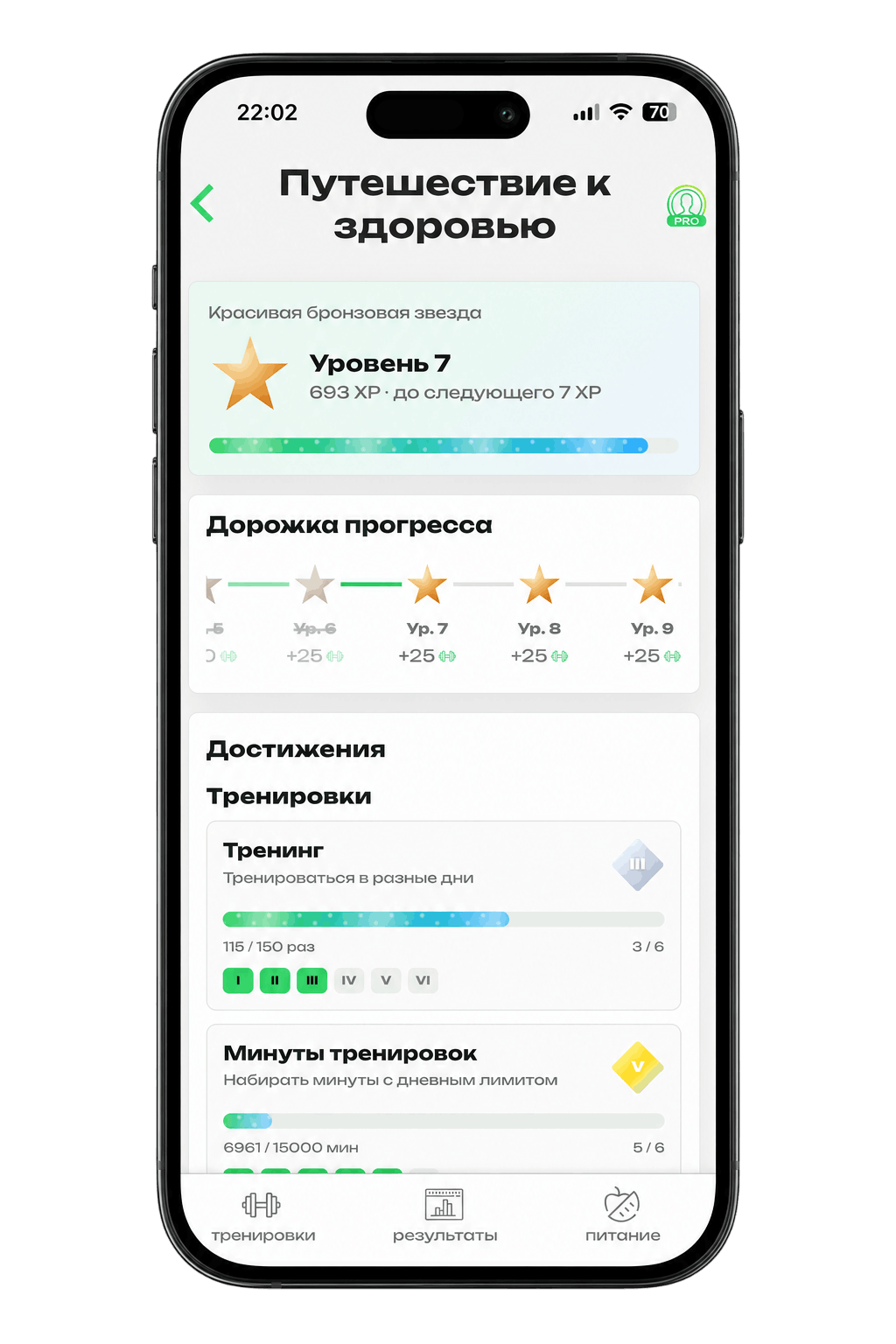 Экран геймификации FitBud с уровнем и наградами