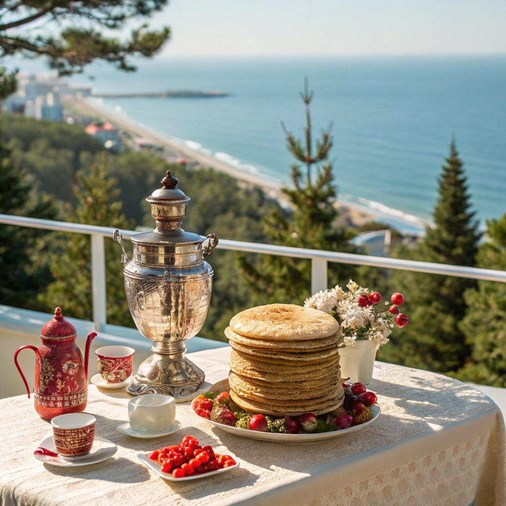 Фотография сервированного стола на балконе отеля Райморис: стопка блинов, чайник, икра, сметана на фоне живописного побережья Черного моря.