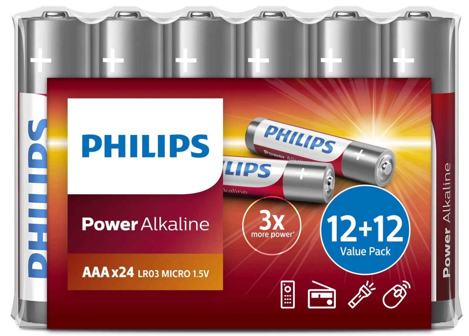Батарейка Philips Power Alkaline, щелочная, 12+12 ААА, в пленке (LR03P24FV/97)