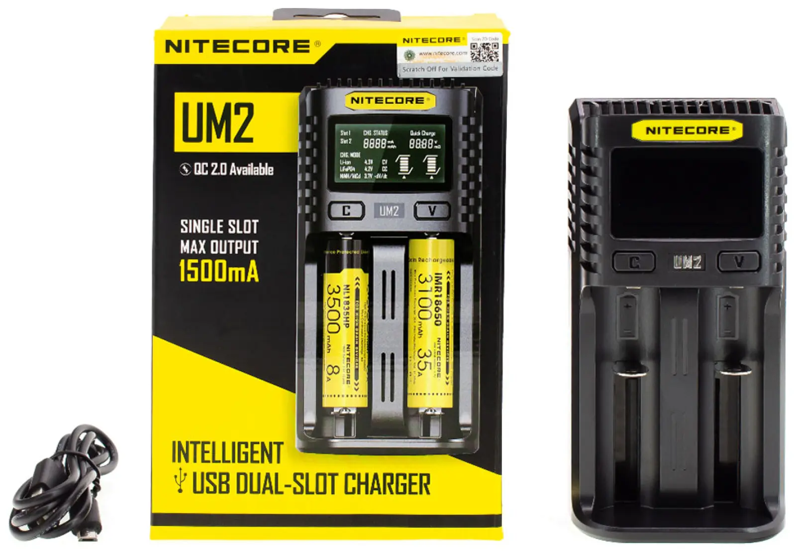 Зарядное устройство Nitecore UM2 18650/21700 на 2*АКБ Intellicharge V2, совместимо с Li-ion/IMR и Ni-MH/Ni-Cd аккумуляторами, с автоматическим определением