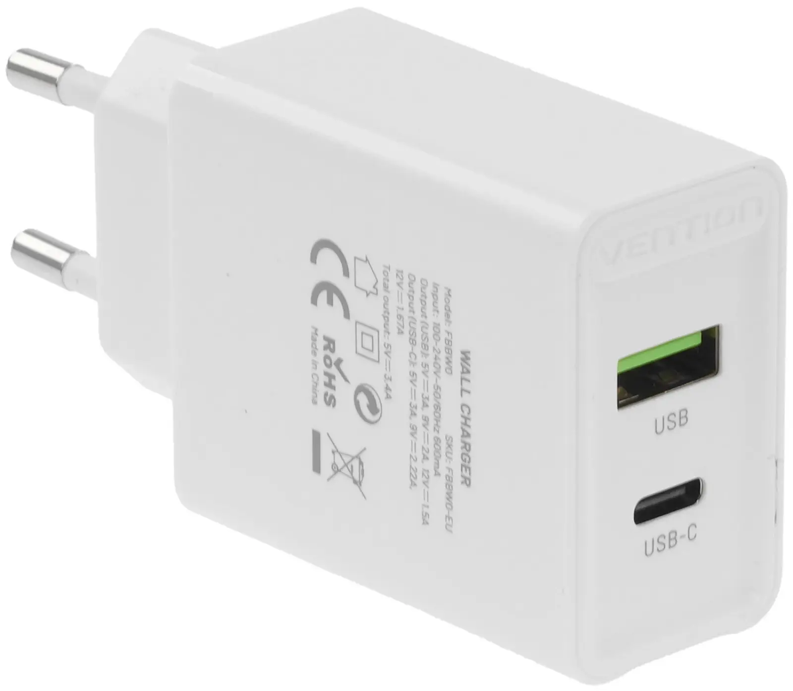 Сетевое зарядное устройство Vention на 2 порта USB A+C, QC 4.0, белый (FBBW0-EU)