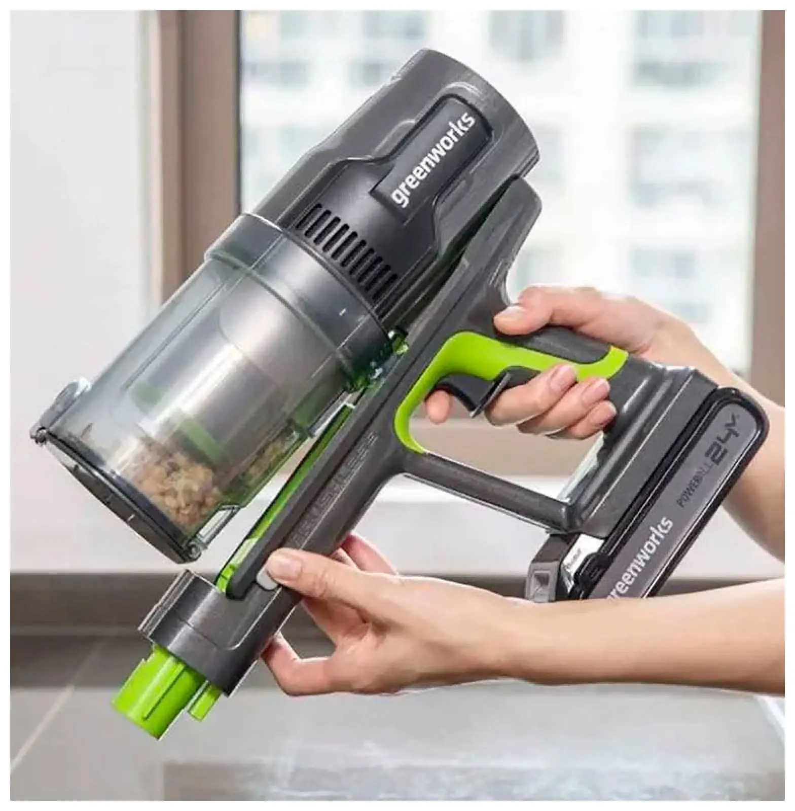 Пылесос вертикальный аккумуляторный Greenworks GD24SV, 24V, 500 Вт, 20 кПа, 1х4 Ач, зу 2А, 4 насадки (4701407UB)