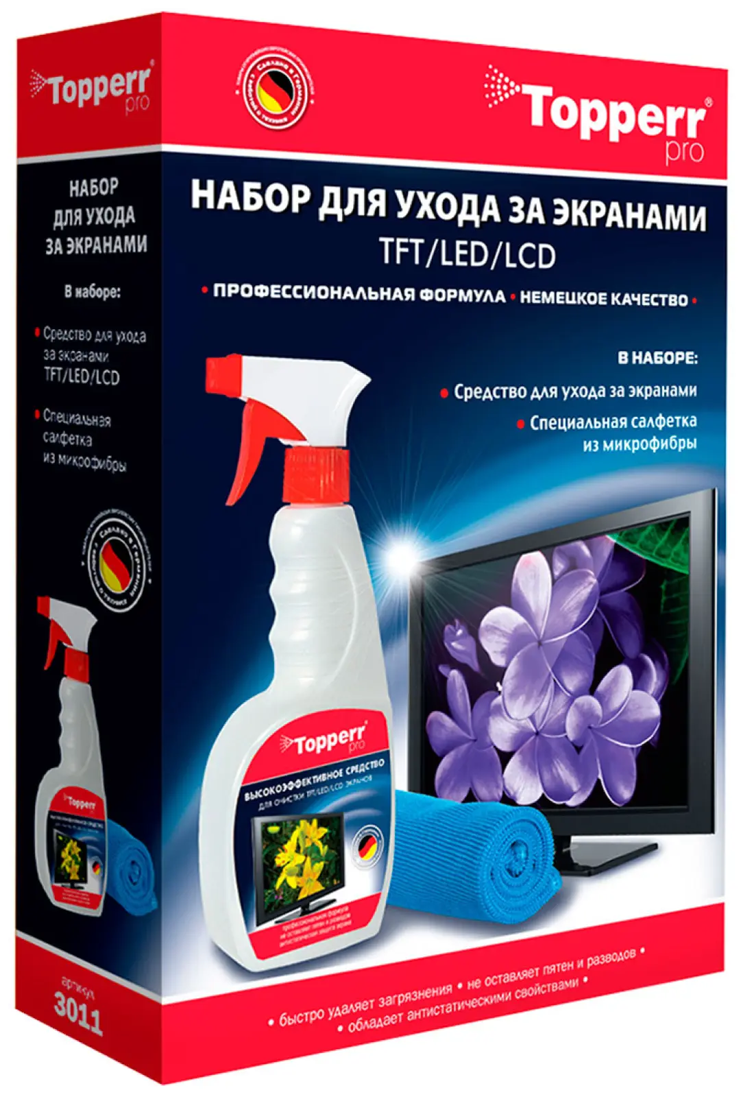 Набор для ухода Topperr за экранами ЖК, LCD и плазмы 2 предмета, средство + салфетка (R) (3011)