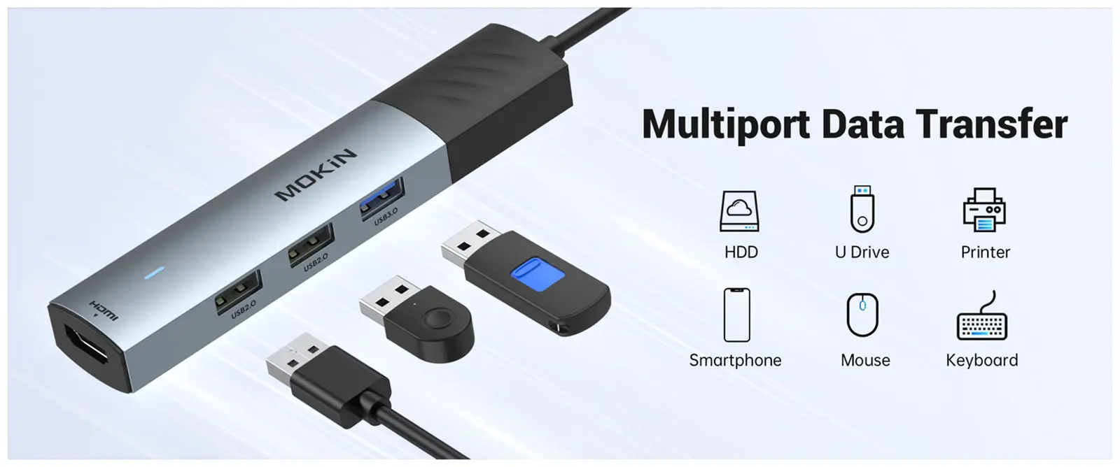 Универсальный адаптер 5 in 1 Mokin MOUC6005, USB C HUB, 1*USB A 3.0 5Gb, 2*USB A 2.0, 480M, HDMI 4K@60Hz, USB C PD 3.0 100W