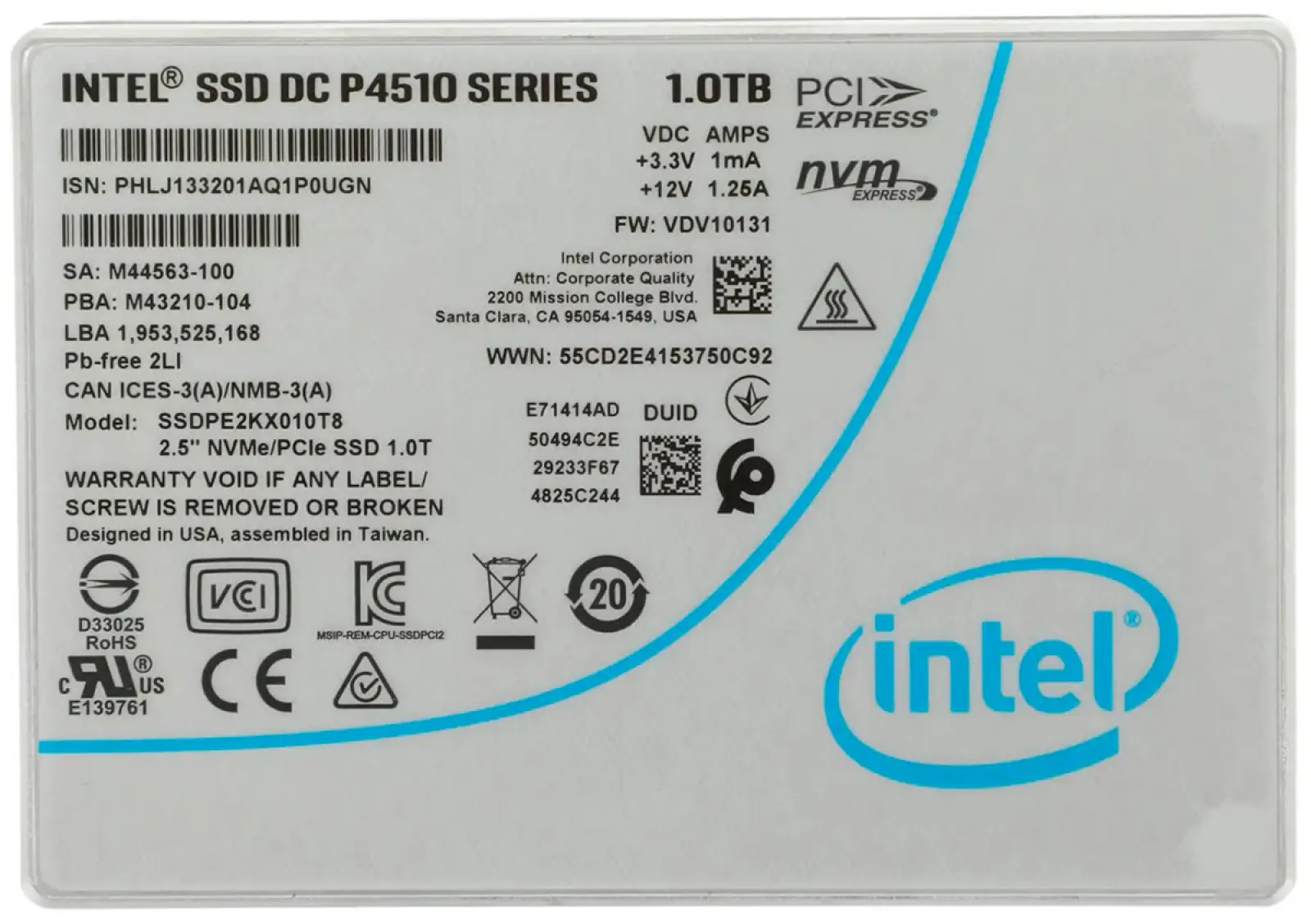 Серверный накопитель SSD Intel 2.5 U.2 DC-P4510 1000 Гб PCIe TLC (SSDPE2KX010T807)