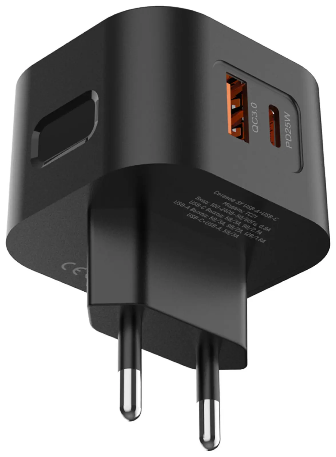 Зарядное устройство Pero TC21, USB-A + USB-C PD, 25W, черный (ТС21B)