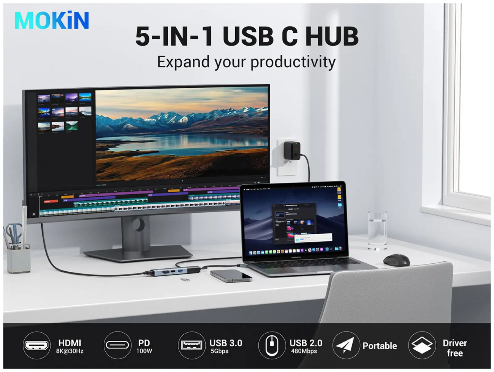 Универсальный адаптер 5 in 1 Mokin MOUC6005, USB C HUB, 1*USB A 3.0 5Gb, 2*USB A 2.0, 480M, HDMI 4K@60Hz, USB C PD 3.0 100W