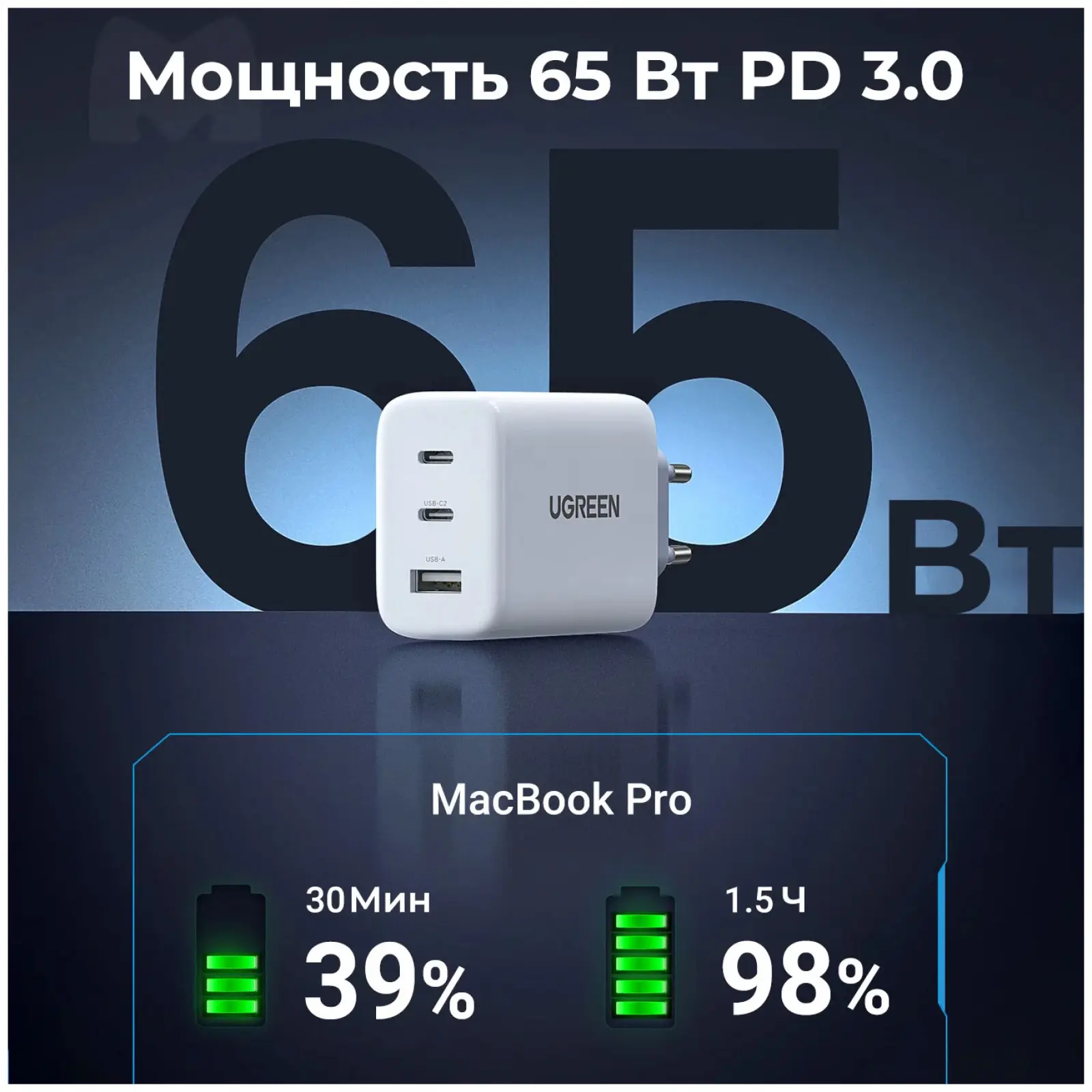 Сетевое зарядное устройство Ugreen USB-A 2хUSB-C 65W, Fast Charger EU, белый (90496)