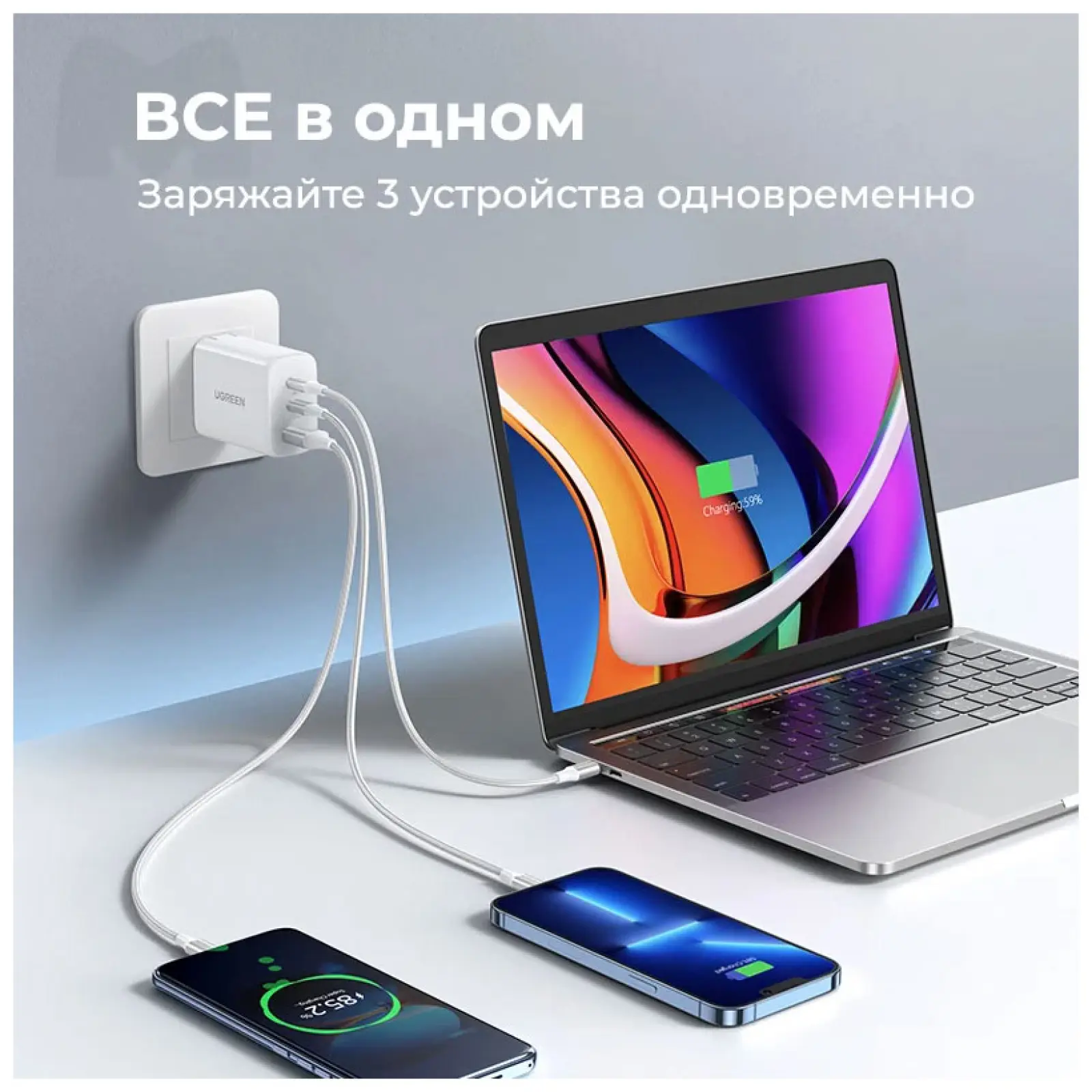 Сетевое зарядное устройство Ugreen USB-A 2хUSB-C 65W, Fast Charger EU, белый (90496)
