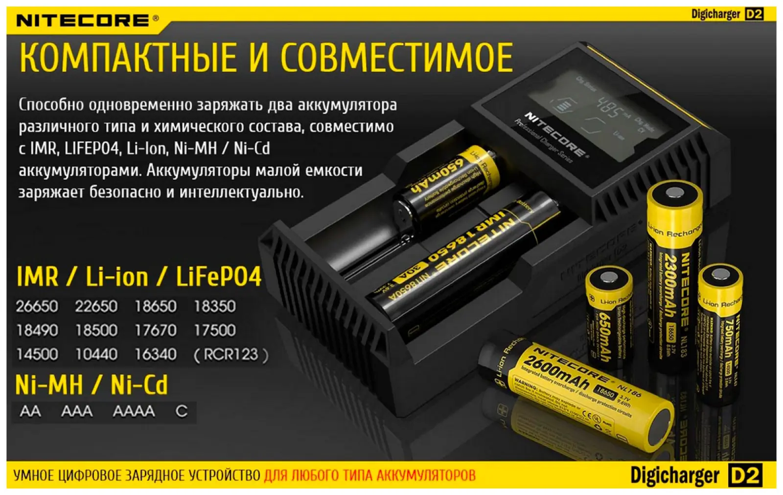 Зарядное устройство Nitecore D2 18650/16340 на 2*АКБ Intellicharge V2, совместим с Li-ion и Ni-MH/Ni-Cd аккумуляторами, с автоматическим определением