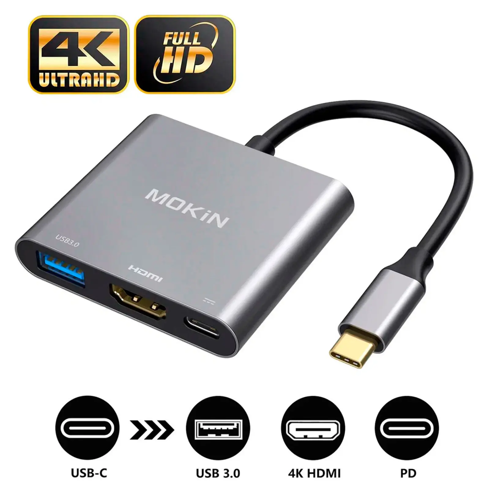 Универсальный адаптер Mokin 3 в 1, MOUC1901, HDMI+USB-C+USB3.0+PD