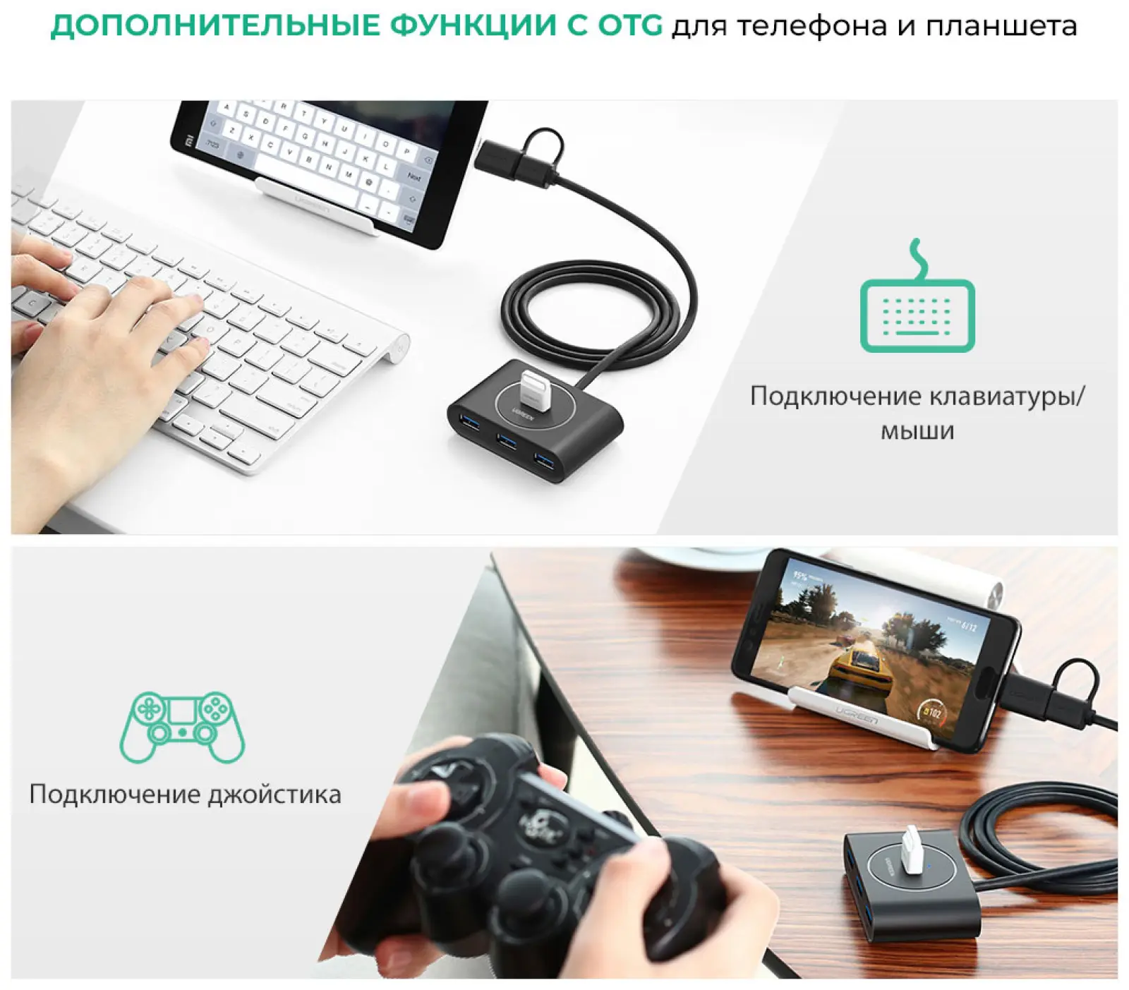 USB-разветвитель Ugreen USB-A - с переходником USB-C USB 3.0, 1 м, черный (40850)