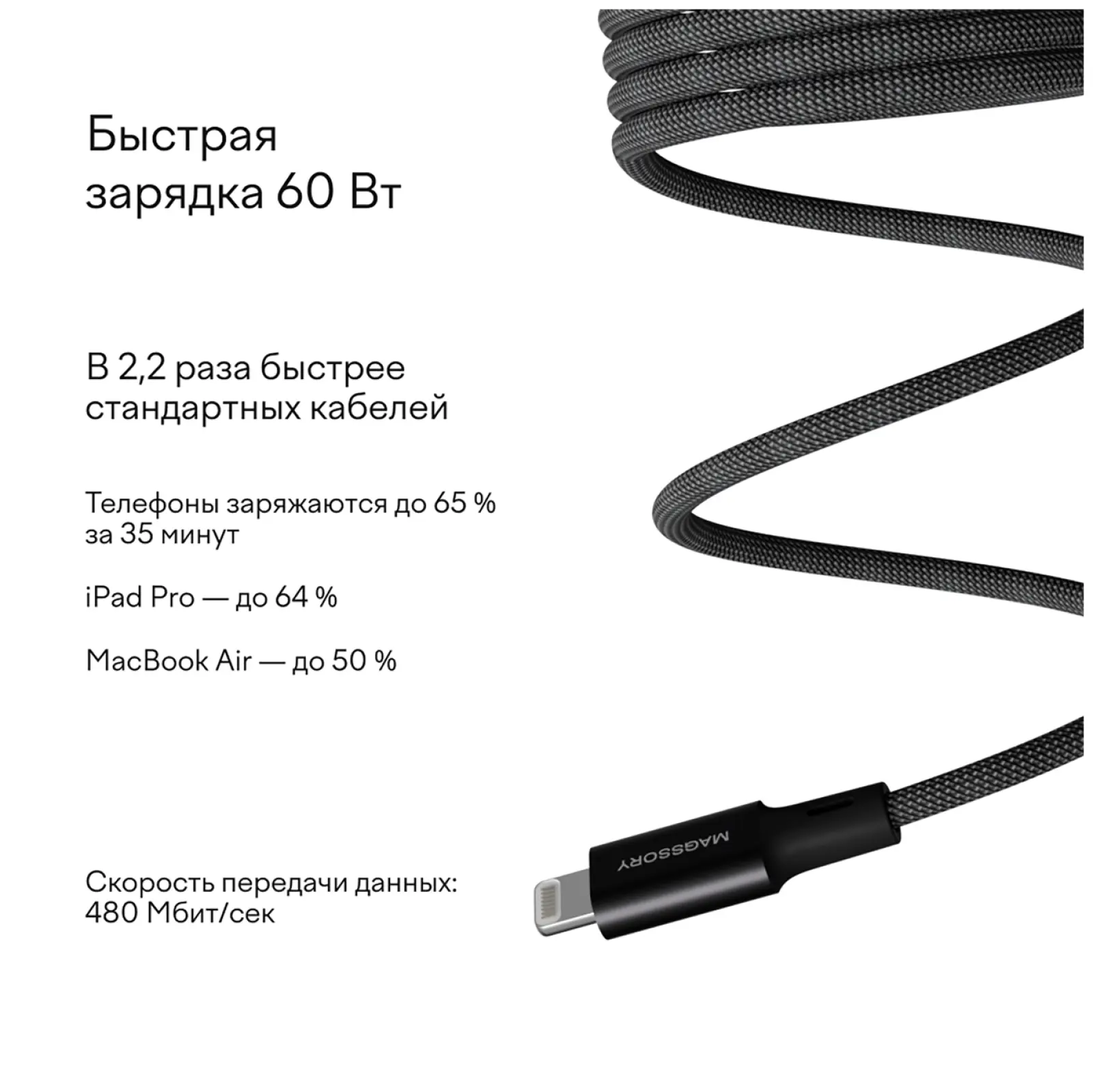 Магнитный кабель Magssory Link L USB-C - Lightning MFI, 1.2 м (black CBL003)