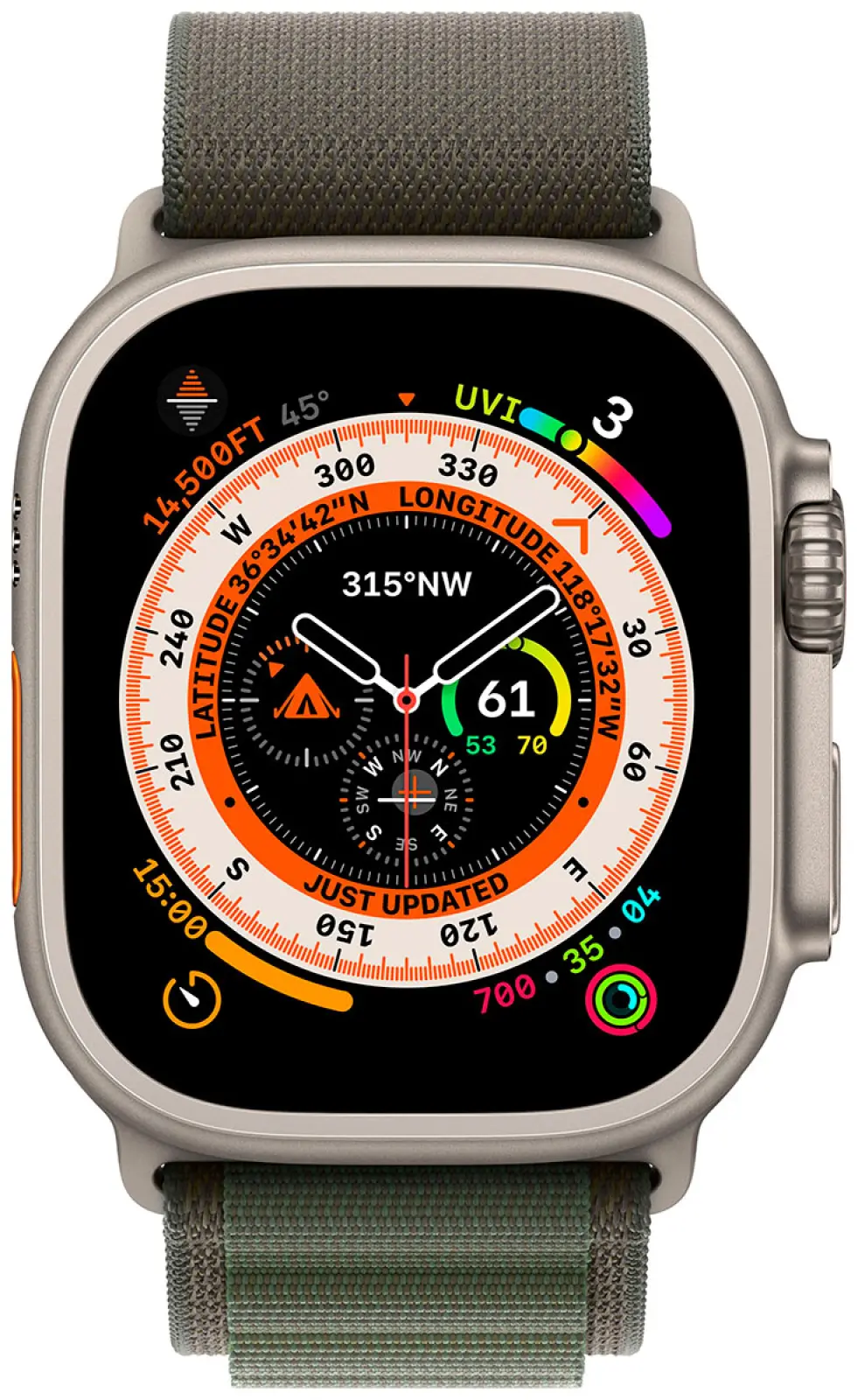 Умные часы Apple Watch 8 Ultra GPS+Cellular 49mm Titanium Case спортивный ремешок цвета зеленые Альпы 49 мм Small (MNHC3LL/A)