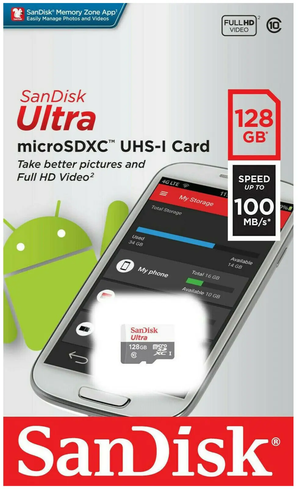 Карта памяти Sandisk Ultra 128ГБ microSDXC C10 UHS-I 100МБ/с (SDSQUNR-128G-GN6MN)