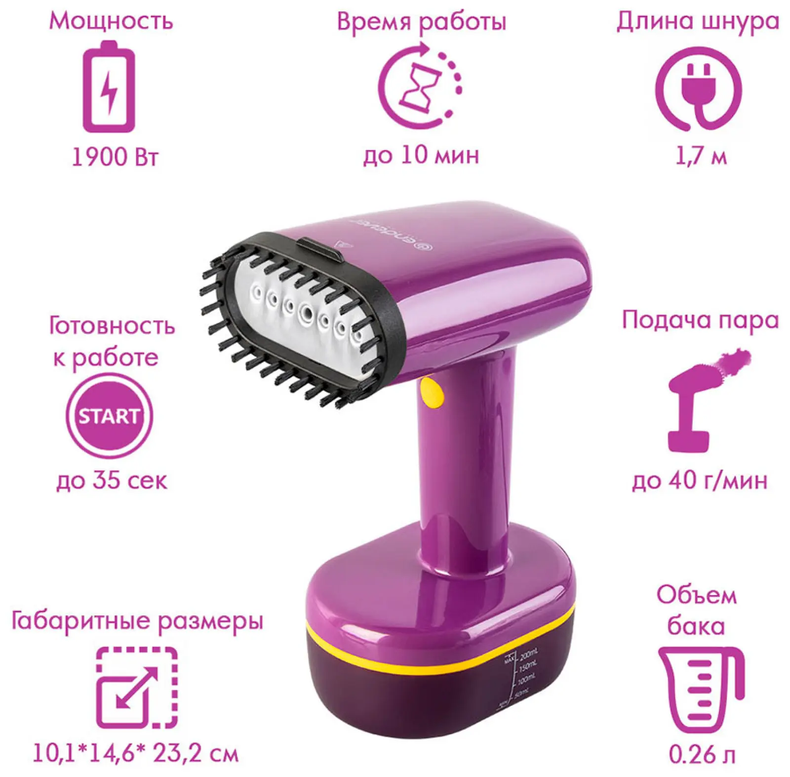 Отпариватель для одежды Endever Odyssey Q-458, цвет фиолетовый/желтый
