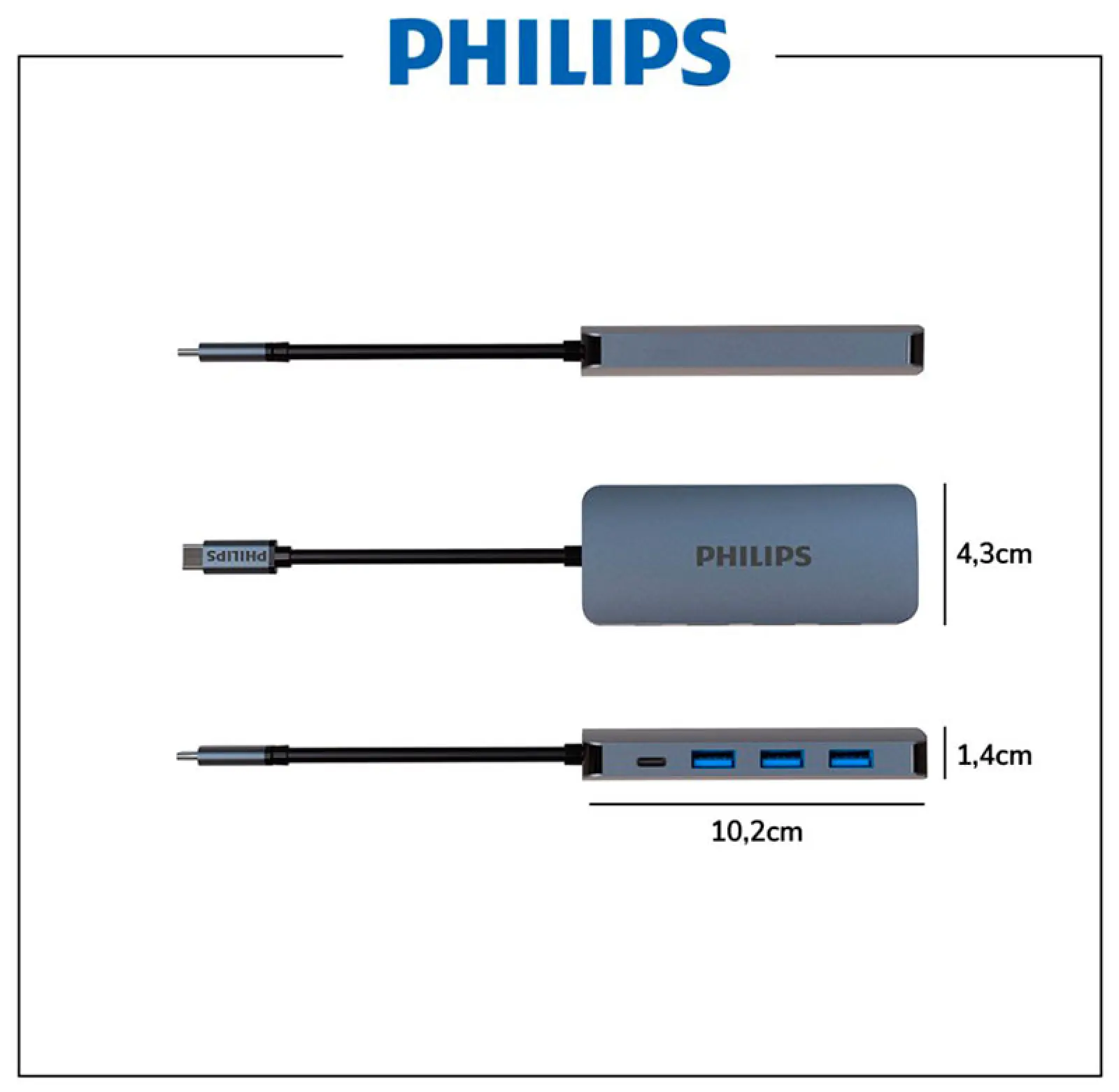 Хаб Philips USB С - HDMI+USB+PD, 5в1, длина кабеля 10см