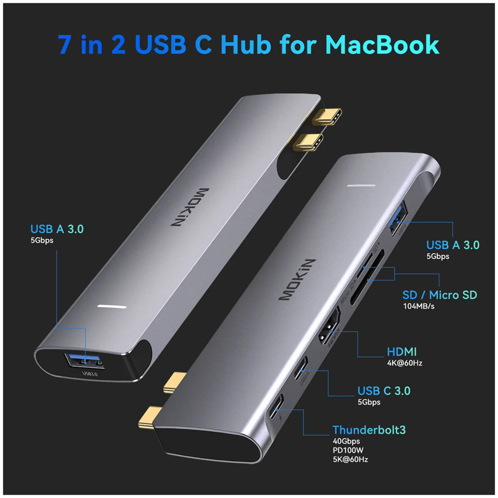 Универсальный адаптер Mokin MOUC2206, HDMI, USB C, USB A x 2, USB C PD, RJ45, SD/Micro SD, Type C