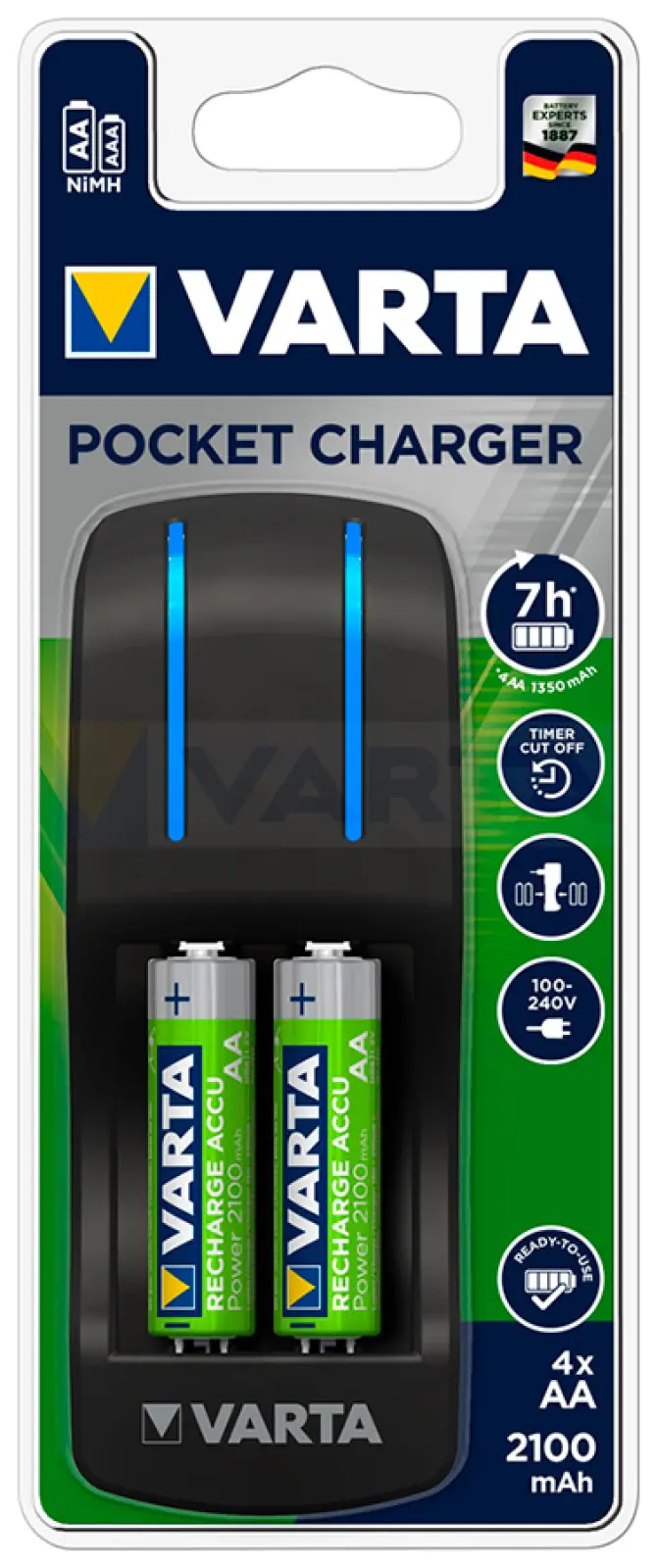 Зарядное устройство Varta Pocket Charger+4x АА, 2100 мАч