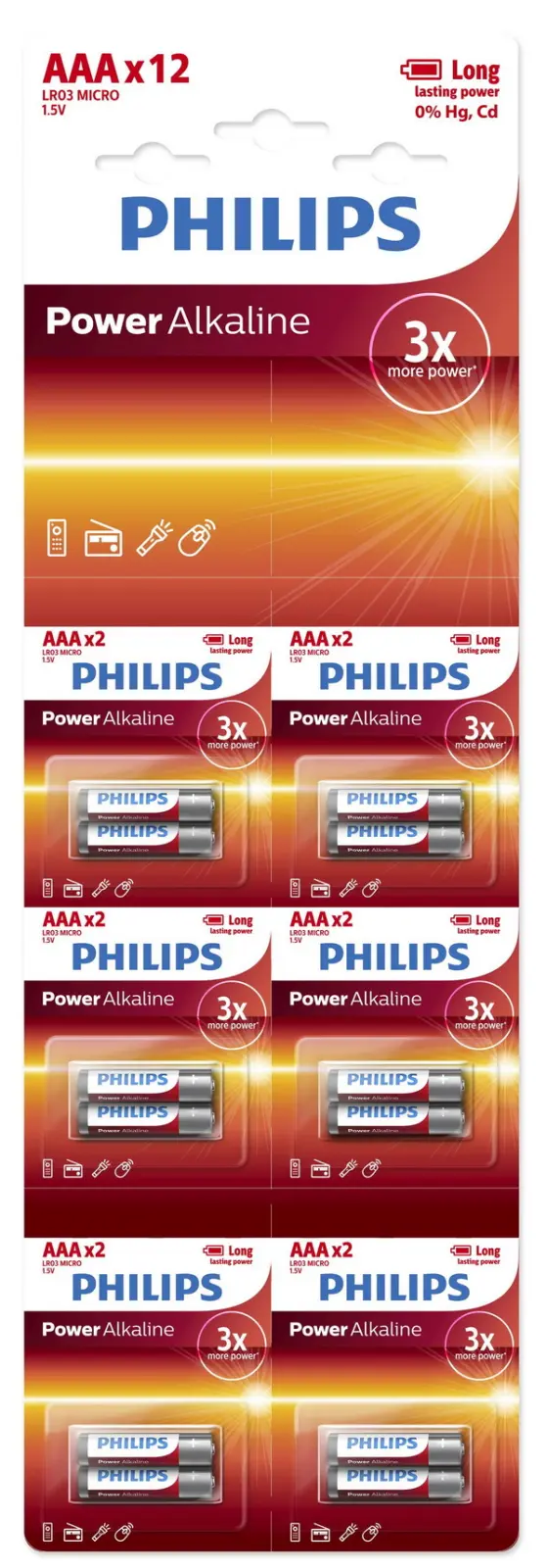 Батарейка Philips Power Alkaline, щелочная, 12 ААА, в блистере (LR03P12BT/97)