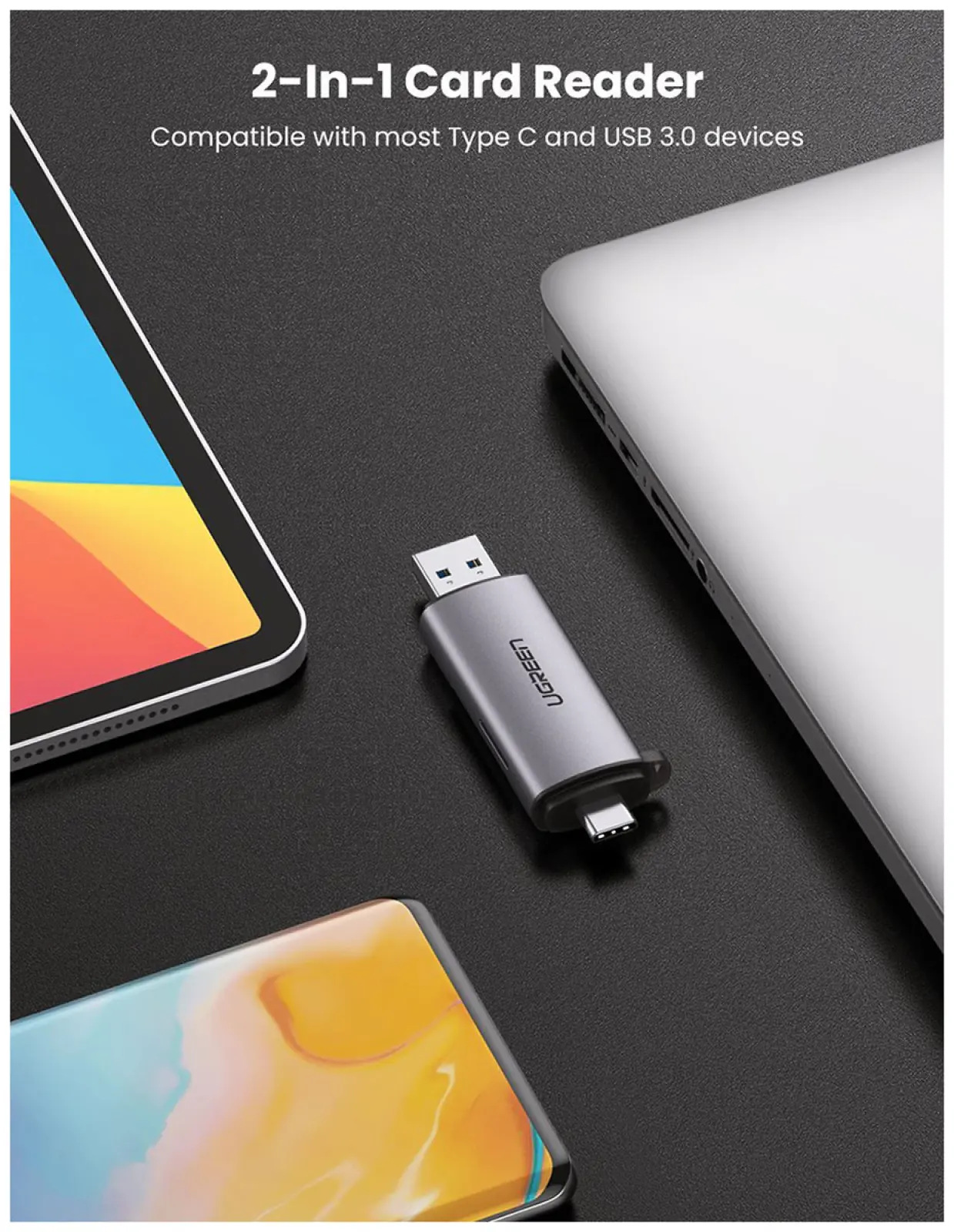 Картридер Ugreen USB-C + USB-A 3.0, для карт памяти TF/SD (50706)