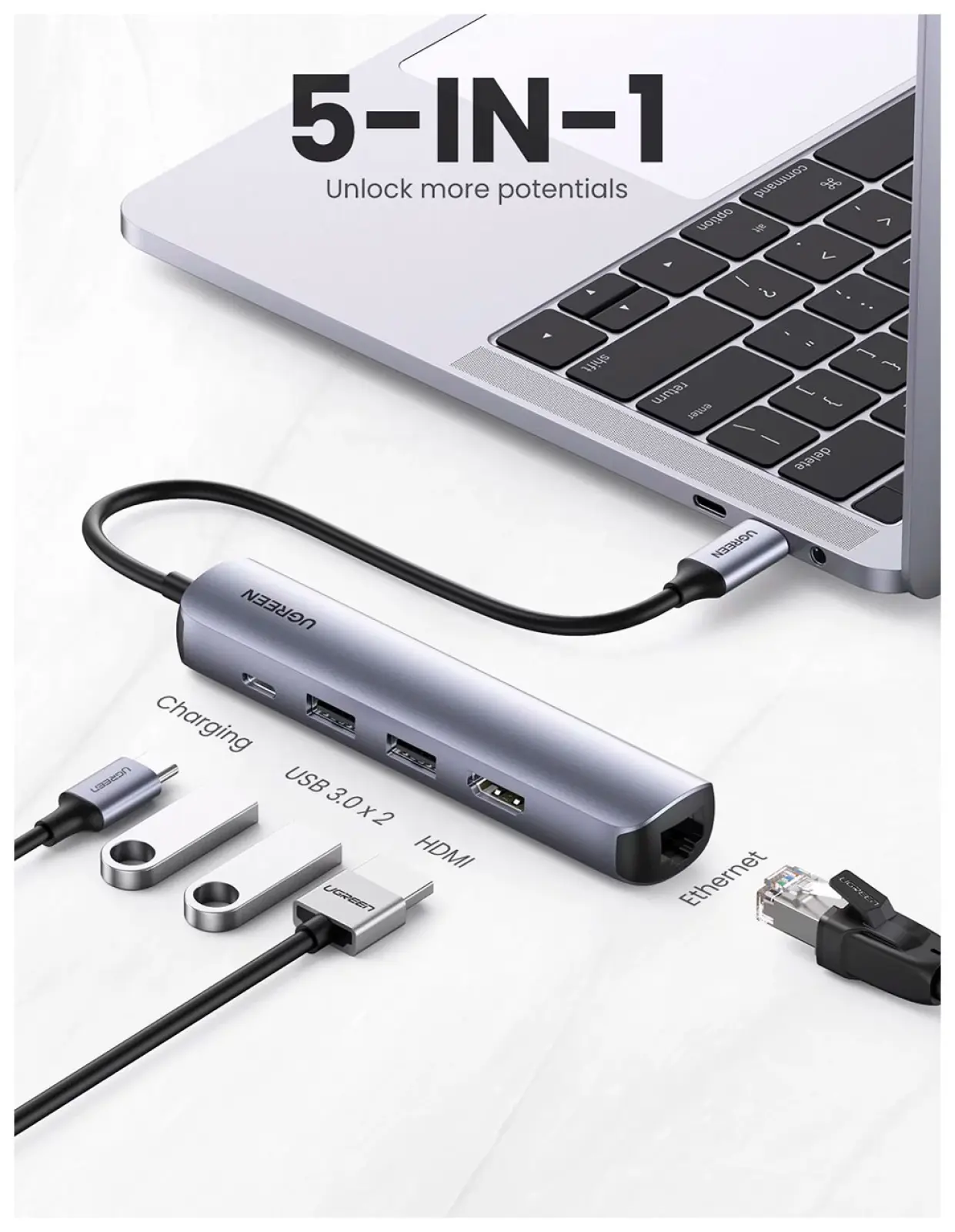 USB-концентратор 5 в 1 (хаб) Ugreen 2 x USB 3.0, HDMI, RJ45, PD (10919)