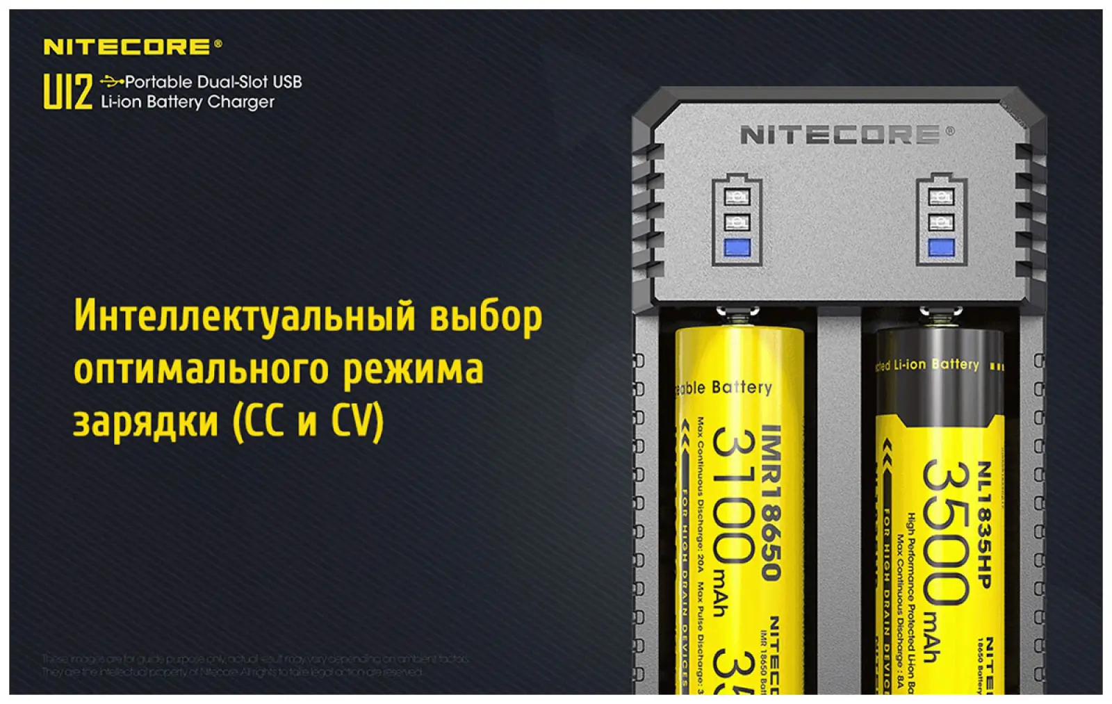 Зарядное устройство Nitecore UI2 18650/21700 на 2*АКБ Intellicharge V2 Совместим с Li-ion и IMR аккумуляторами с автоматическим определением