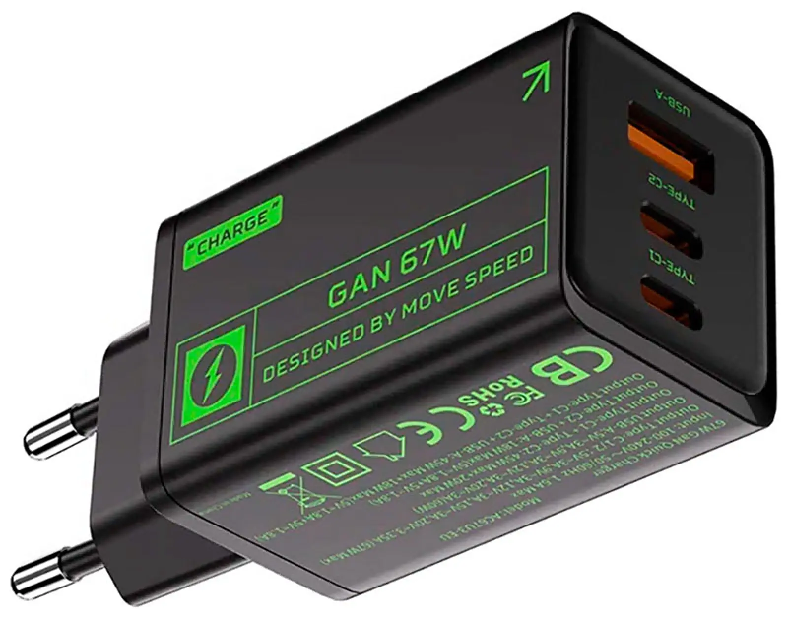 Сетевое зарядное устройство Movespeed 2xType-C + 1xUSB-A, 67W, PD2.0, QC3.0 (ac67-black) EU