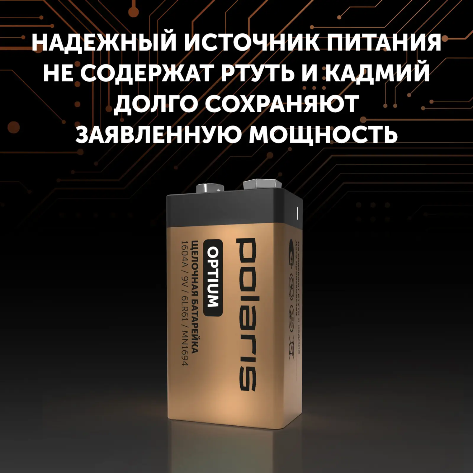 Батарейка Polaris PB 9V (6LR61) (1 шт) Optium бронзовый