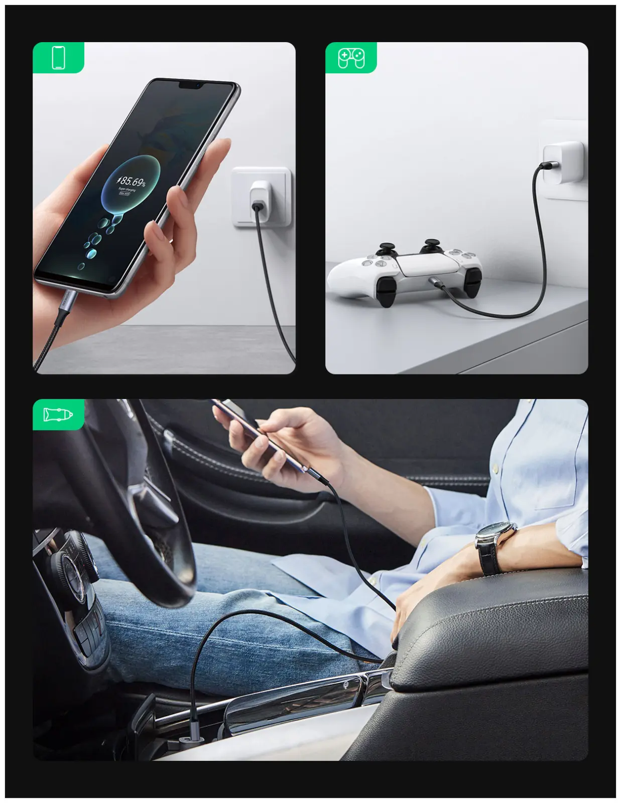Кабель  Ugreen USB A 2.0 - USB C, никелированная алюминиевая оплетка, 2 м (60128)