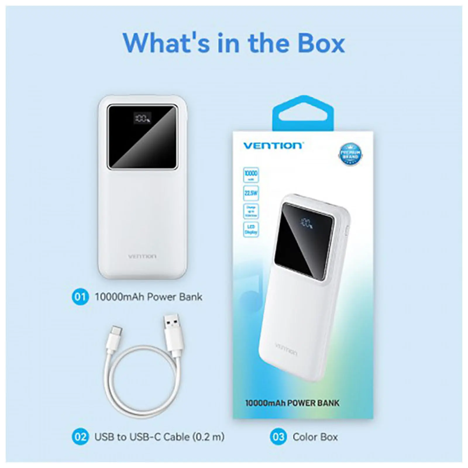 Внешний аккумулятор Vention 10000mAh, M/C-A/A, 22.5W, белый, с LED дисплеем (FHKW0)