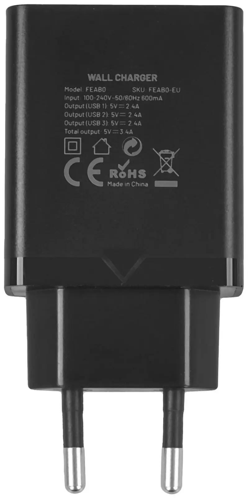 Сетевое зарядное устройство Vention на 3 порта USB 2.4A, черный (FEAB0-EU)