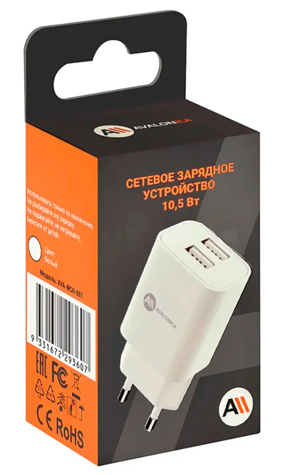 Сетевое зарядное устройство Avalonica AVA 2 х USB-A, 10.5 Вт, 21 A (AVA-WCH-007 White) EU, белое