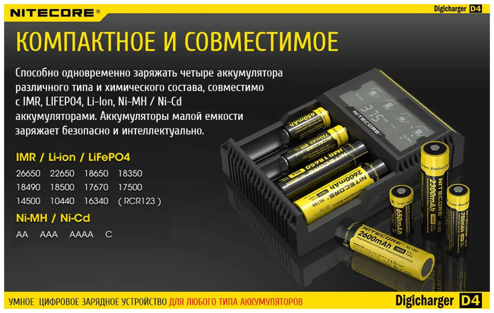 Зарядное устройство Nitecore D4 18650/16340 на 4*АКБ Intellicharge V2, совместимо с Li-ion и Ni-MH/Ni-Cd аккумуляторами, с автоматическим определением