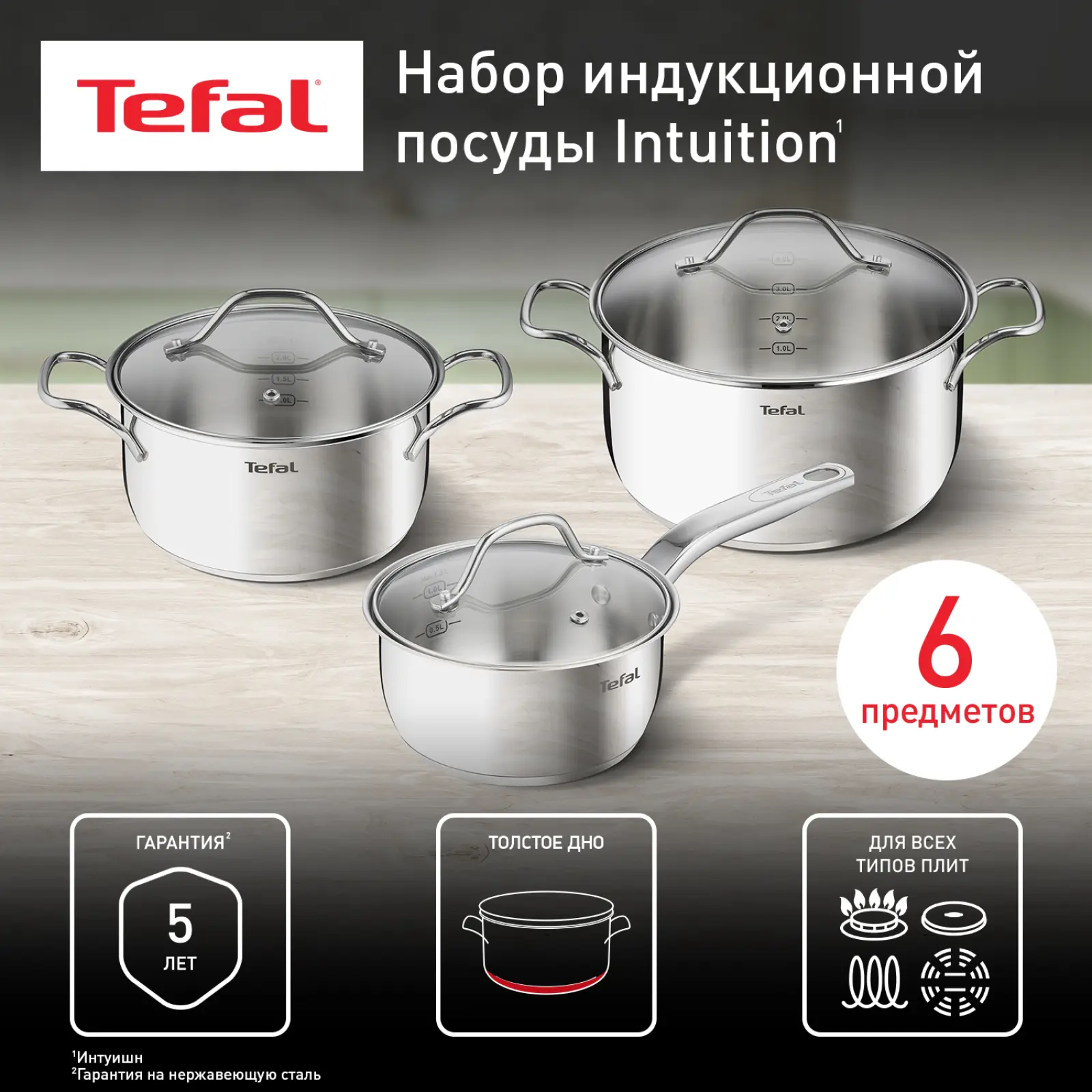 Intuition 6 предметов 1,3/2,9/5л 16/20/24см B864S674