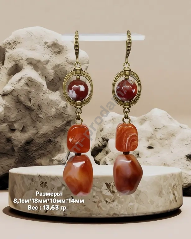 Серьги с акрилом, огненным агатом и бронзовой фурнитурой. ручная работа. новые
