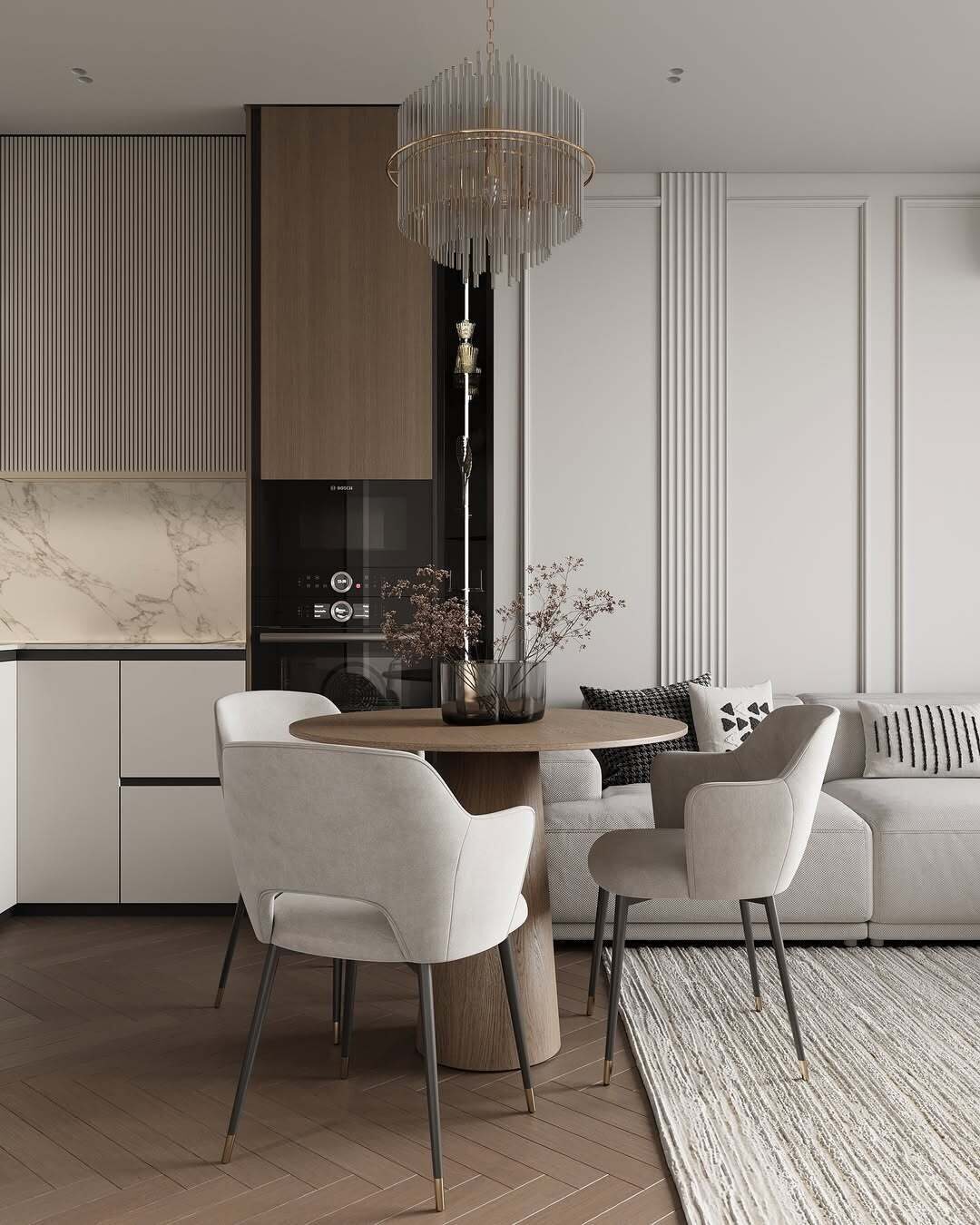 Кухня-гостиная ЖК «Tau House», площадью 56 m².

«Натуральные материалы, спокойны…