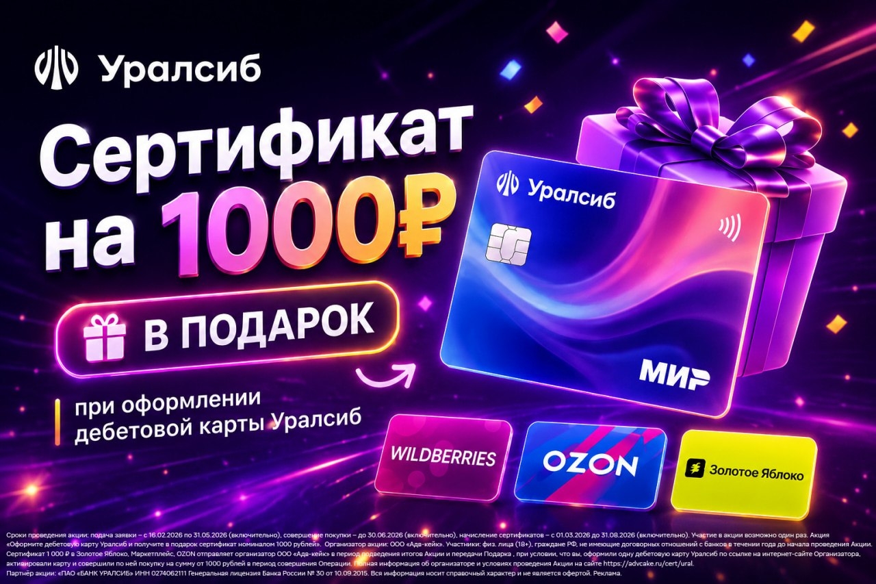 💳Успевайте оформить карту «Прибыль» от Уралсиба и получить сертификат на 1000₽
…