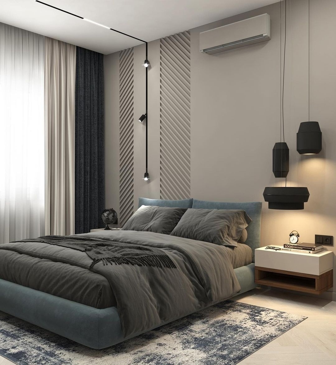 Две спальни в тёмных тонах.