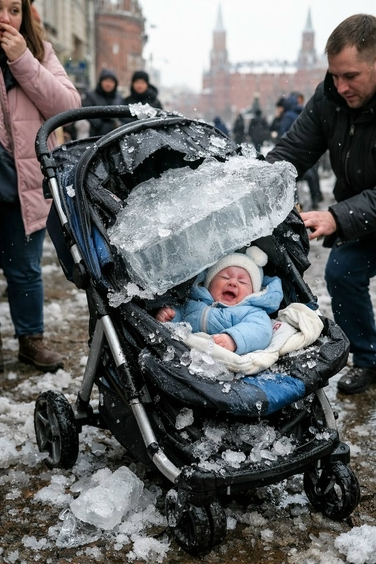 Глыба льда едва не убила младенца, рухнув на коляску в Москве 
 
Инцидент произо…