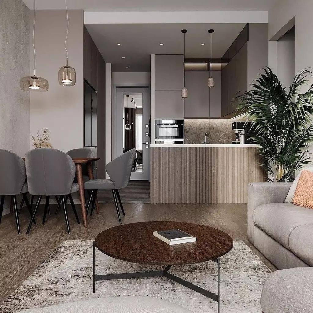 Современная лаконичная и элегантная кухня-гостиная площадью 18м².