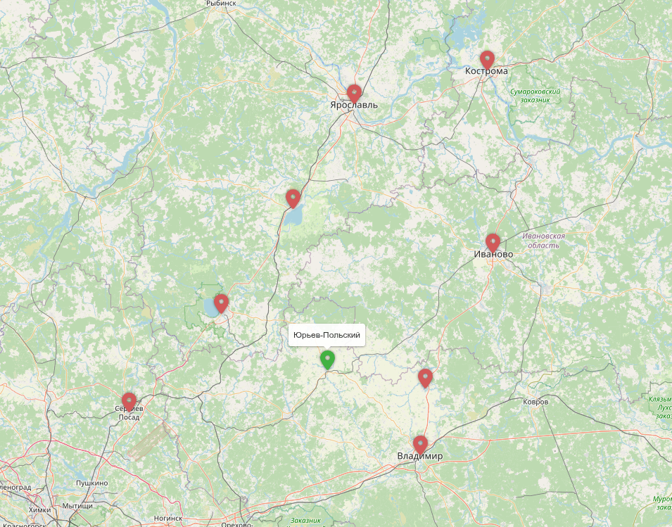 Расположение города Юрьев-Польский на карте