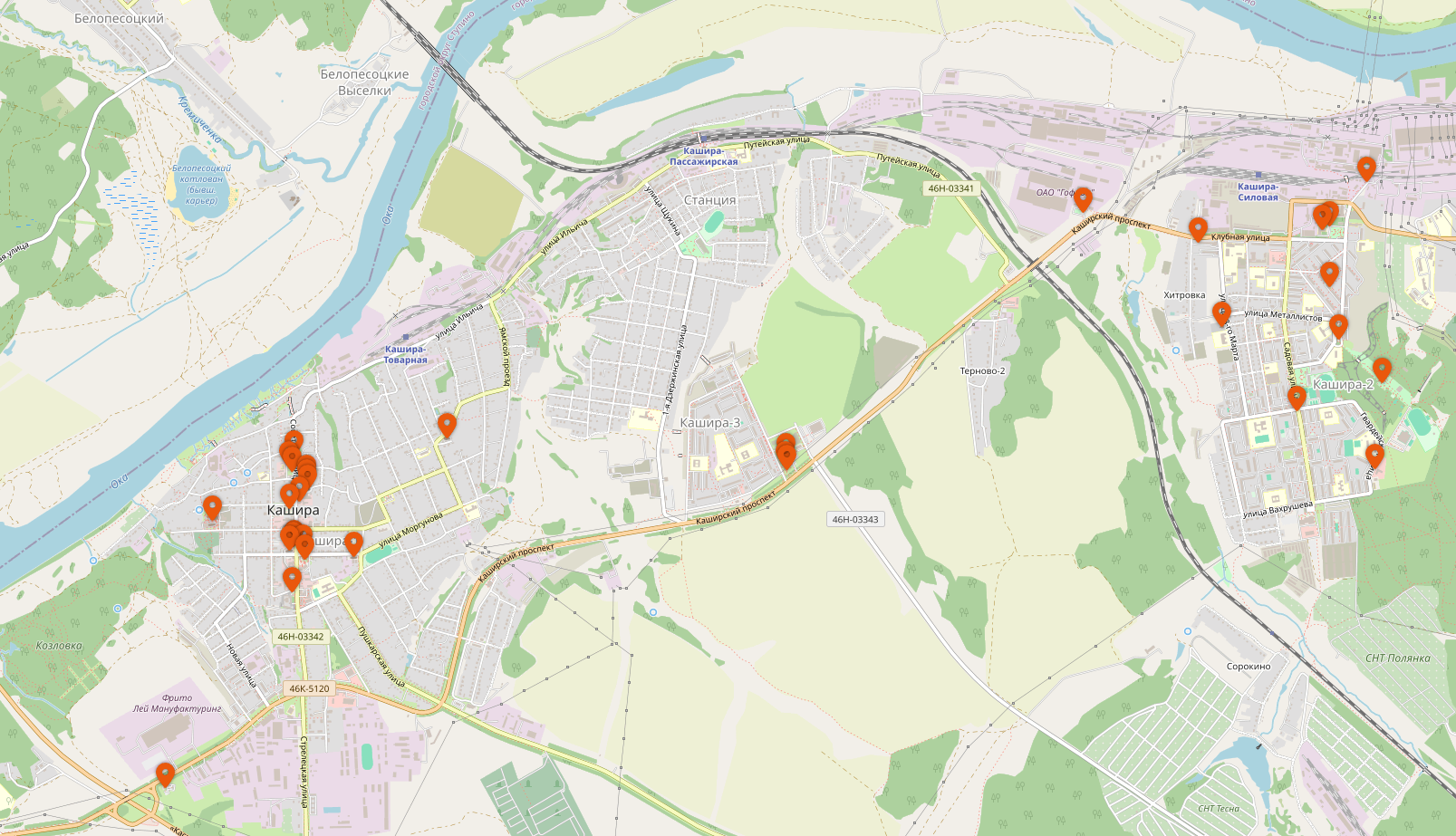 Карта всех достопримечательностей Каширы
