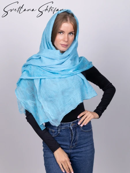 Голубой шарф палантин ручной работы из шерсти - превью 1