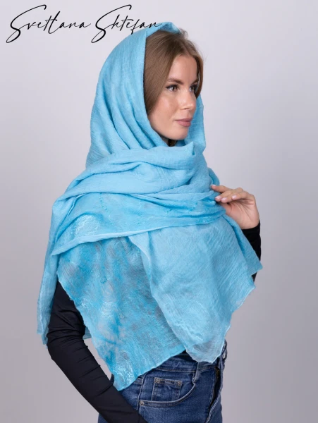 Голубой шарф палантин ручной работы из шерсти - превью 4
