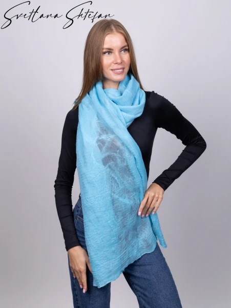 Голубой шарф палантин ручной работы из шерсти - превью 11