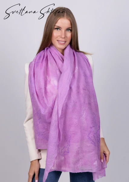 Палантин теплый шерстяной шелк розовый фуксия ручной работы - превью 1