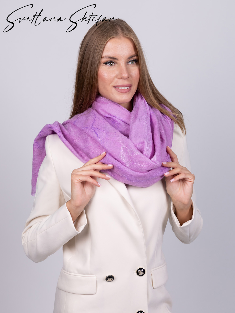 Палантин теплый шерстяной шелк розовый фуксия ручной работы