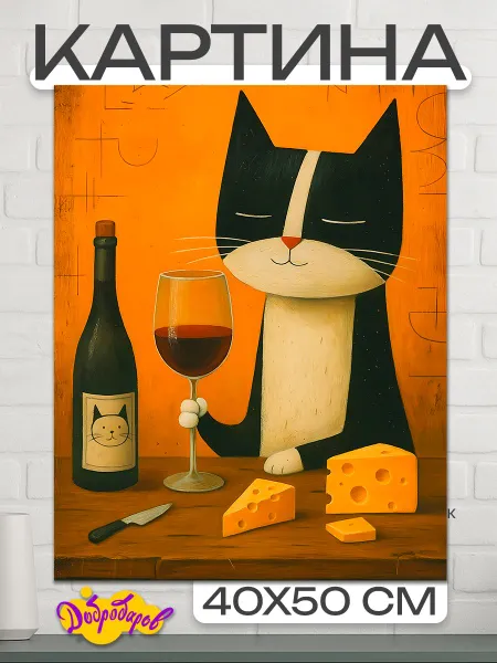 ДоброДаров Картина ""Кот с вином - абстракция"", 50х40 см, 40x50
