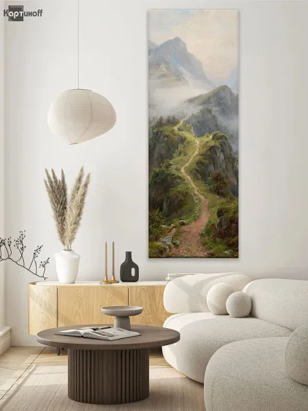 Узкая вертикальная картина на стену на холсте Тропинка в горном хребте 40х110 см